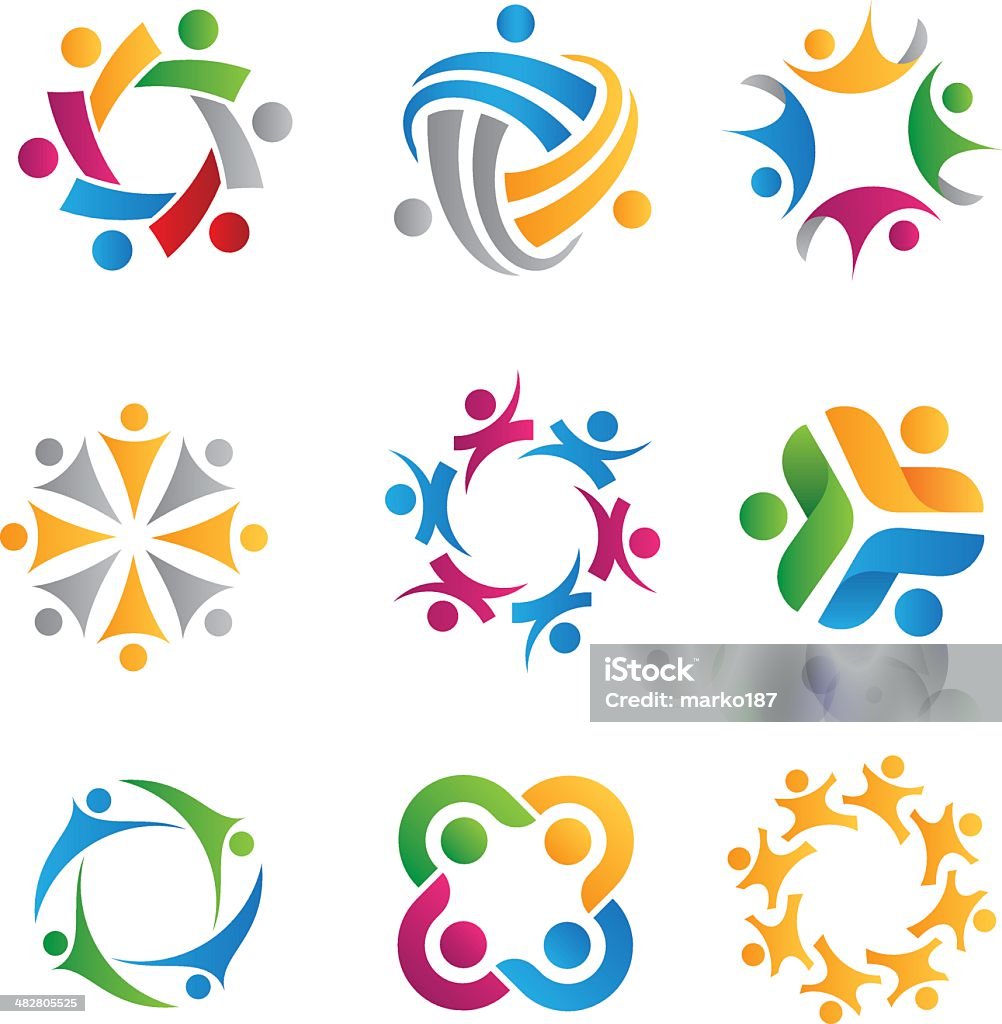 Colorful social icons on white background A series of nine social icons and logos on a white background.  There are three rows of three logos.  Each logo represents the idea of connections or being connected.  One logo is a circle made of gold-colored people together forming the circle.  The other images are multicolored images depicting abstract ideas of people joined together in circles or groups.  These symbols are clip art-style computer graphics designed to express the idea of community or social interaction.  Yellow, green, red, blue, gray, and purple are the colors used in the various symbols. People stock vector