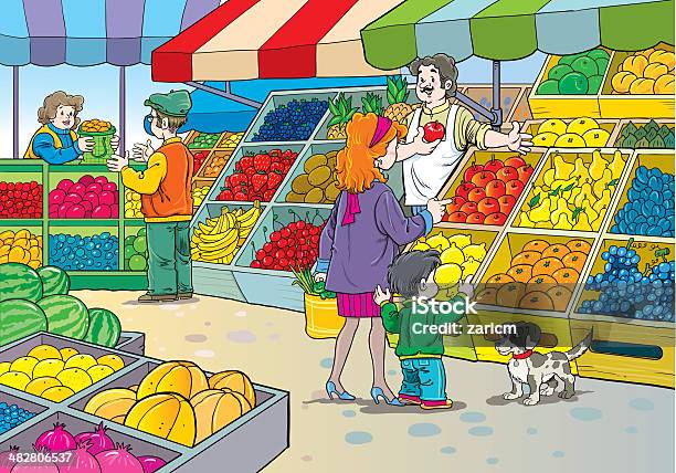 Ilustración de El Mercado y más Vectores Libres de Derechos de Puesto de mercado - Puesto de mercado, Fruta, Trabajar