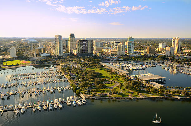 St. Pete Aerial View Aerial view of St. Petersburg, Florida at Tampa Bay jetty aerial stock pictures, royalty-free photos & images