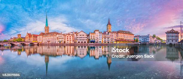Panoramic View On Zurich At Sunrise Stock Photo - Download Image Now - Zurich, Urban Skyline, City