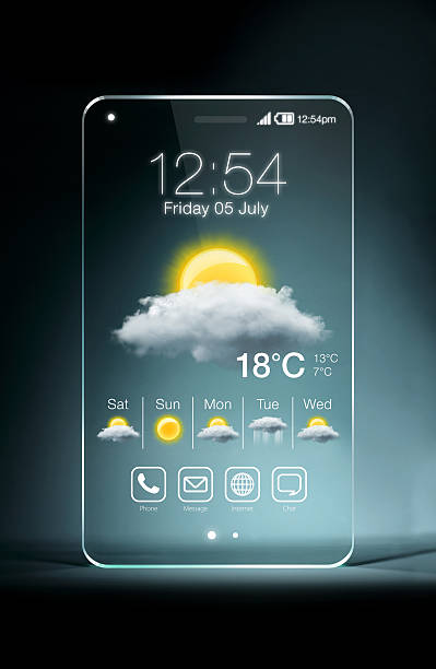 istock Transparent smartphone with weather icon on blue background 482826590