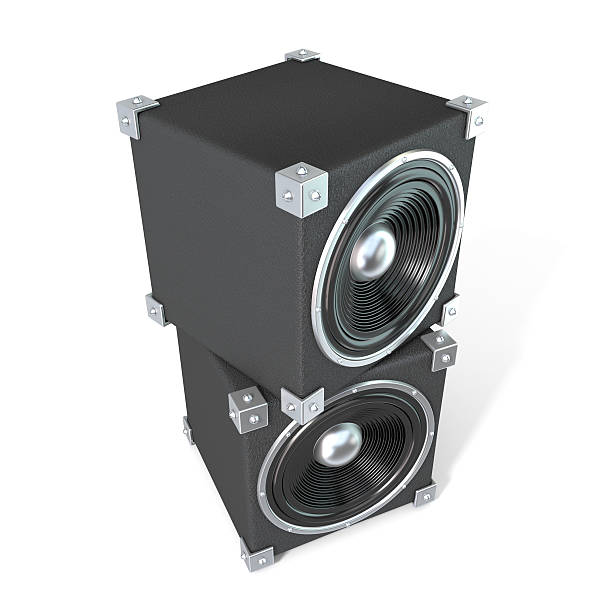 istock Pair of sound speakers. 3D render. Side view 482827328