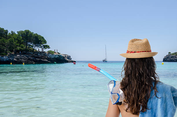 Girl back with towel, snorke, and hat.