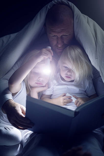 istock Father and daughters reading a book at bedtime 482828072