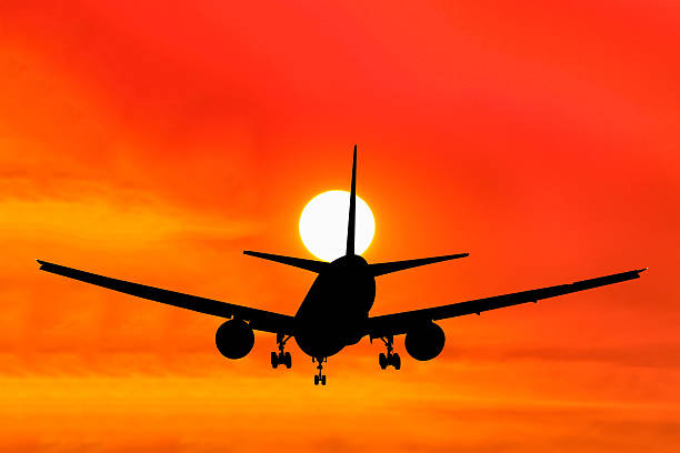 istock Silhouetted commercial airplane flying at sunset 482828992