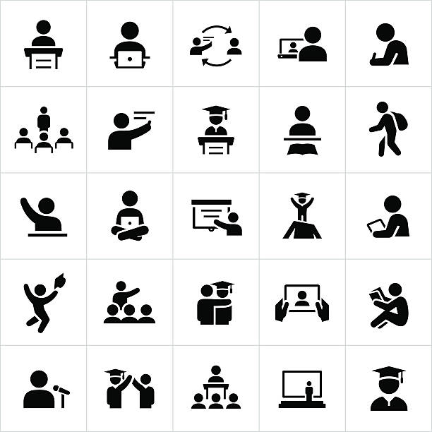 Teacher and Student Education Icons Icons showing teachers and students in a learning classroom environment. The icons show the teacher/student relationship found within the education system. classroom icons stock illustrations