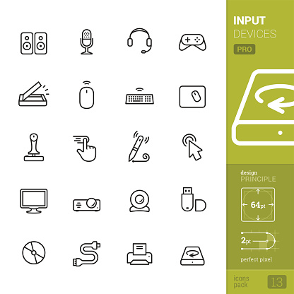 20 Input Devices Linear style vector icons pack.