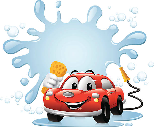cartoon auto-auto-waschung - washing water car cleaning stock-grafiken, -clipart, -cartoons und -symbole