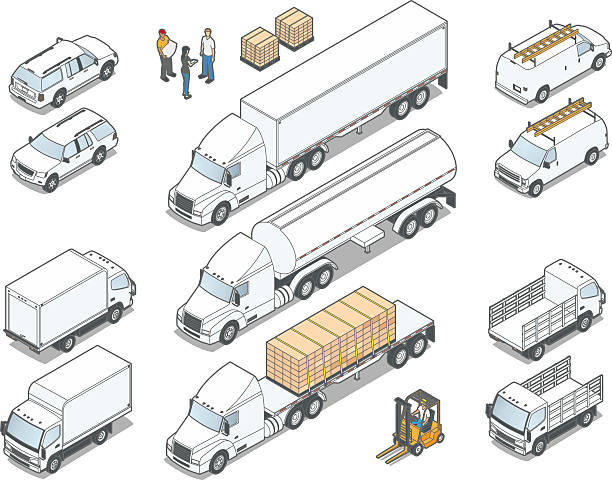 Isometric Trucks Vector illustration of eleven trucks, cargo, people and forklift in isometric view. Includes EPS10 and high-quality JPEG. Vehicles do not represent specific makes or models. truck drawings stock illustrations