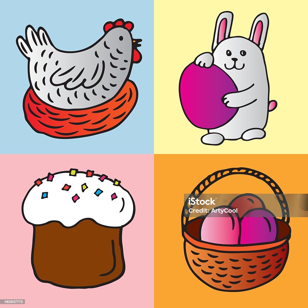 Easter concept vector set Vector illustrations for Easter holiday, a rabbit, a basket, chicken, an Easter cake, eggs Animal stock vector