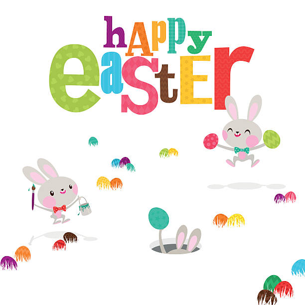 miłośnicy wielkanoc jajko szczęśliwy cute bunny rabbit farba zaproszenie ilustracja - easter egg easter egg hunt multi colored bright stock illustrations