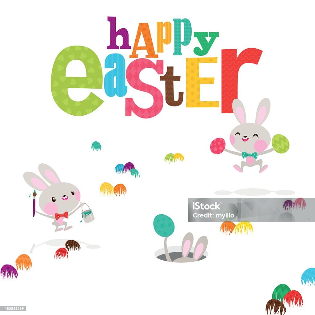 Easter bunnies Яйцо счастливый милый Кролик Кролик краски приглашение иллюстрация - Векторная графика Пасха роялти-фри