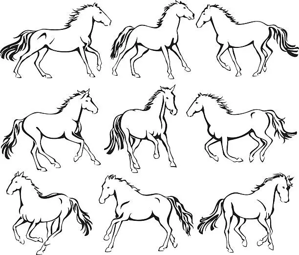 Vector illustration of Wild Running Horses Line Art
