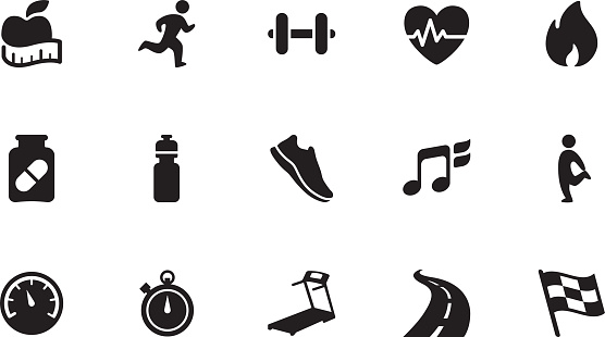 A collection of fitness icons, in various sizes and formats: