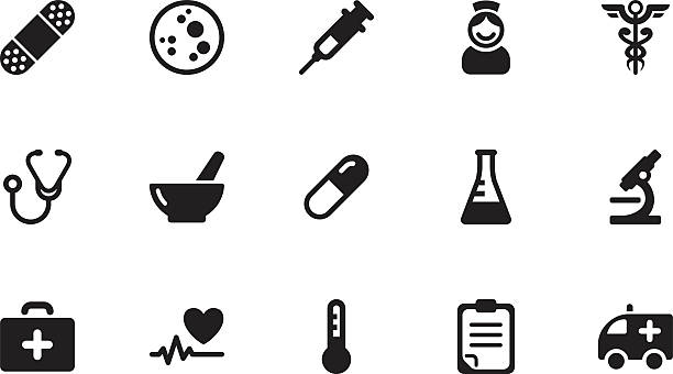 Medicine icons . Simple black A collection of medicine icons, in various sizes and formats: syringe stock illustrations