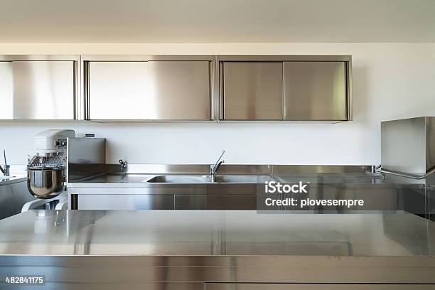 Interior Professional Kitchen Stock Photo - Download Image Now - Commercial Kitchen, Stainless Steel, Kitchen Counter