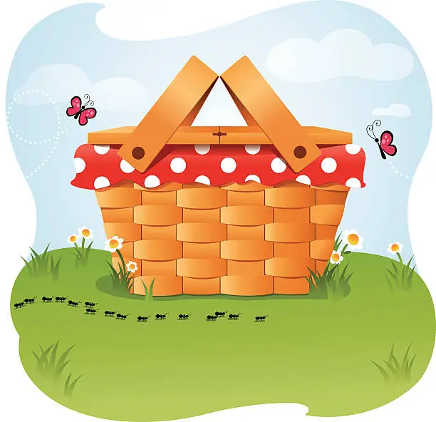 Vector illustration of Summer picnic basket outside on grass with butterflies