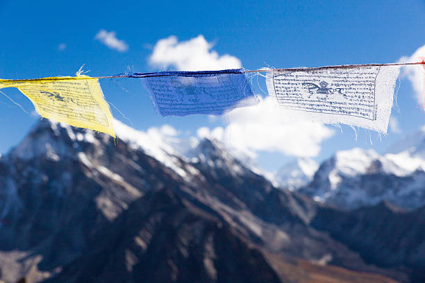 istock Buddhist prayer flags on Gokyo Ri mountain summit. 482845040