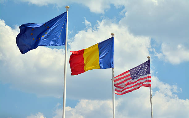istock european union, romanian and american flag 482847352