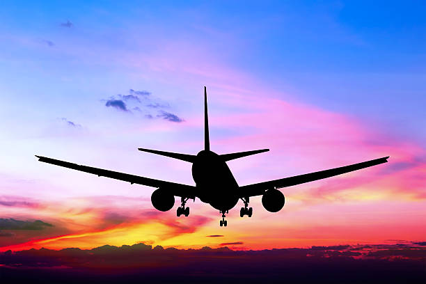 istock Silhouetted commercial airplane flying at sunset 482851776