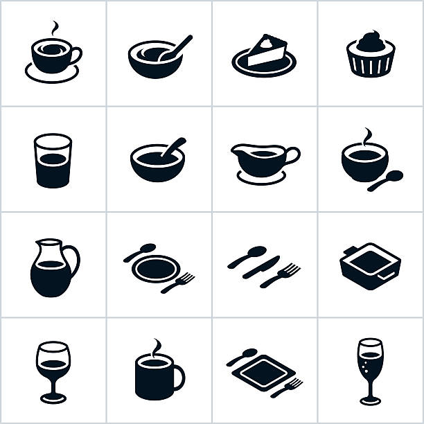 illustrazioni stock, clip art, cartoni animati e icone di tendenza di piatti icone nero - soup