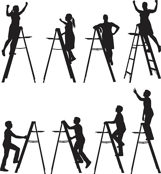 ilustrações de stock, clip art, desenhos animados e ícones de silhuetas de homens e mulheres de escadas de escalada - climbing clambering silhouette men