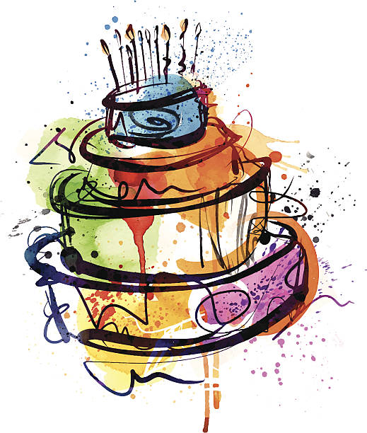 Birthday Party Cake Image shows a birthday cake (watercolor); vectorimage with only one layer, without opening shapes and gradients; big jpeg (350DPI); digital drawing with free wild style; fantasy drawing; better for white backgrounds cake missing piece stock illustrations