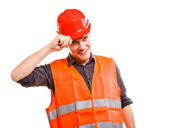 istock Man worker in safety vest hard hat. Safety in work. 482852997