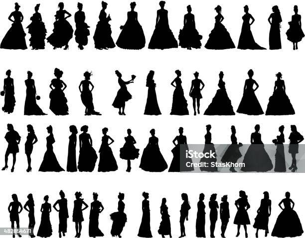 Vector Silhouettes Of Women In Period Dresses Stock Illustration - Download Image Now - In Silhouette, Dress, Women