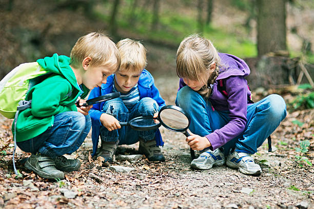 entdecken sie die wunder der natur - child discovery outdoors playing stock-fotos und bilder