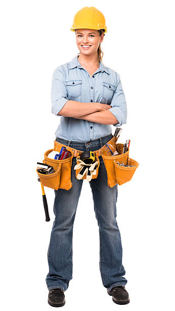 woman 派遣社員の建設作業員白背景 - construction worker building contractor craftsperson full length ストックフォトと画像