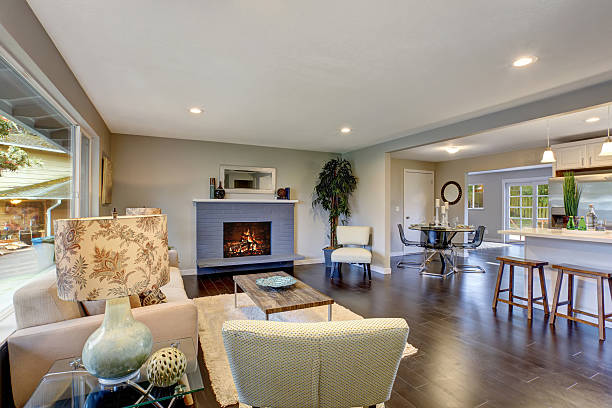 istock Modern living room with dark hardwood floor. 482855136