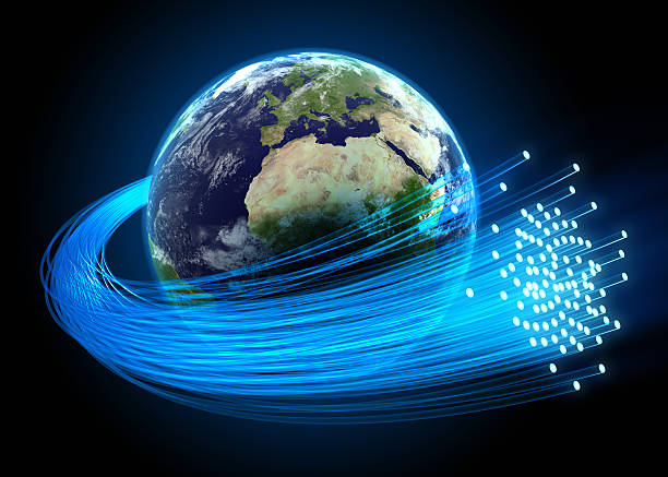 Fiber optic cables around Earth High quality 3d render of a fiber optic world concept. fast paced world stock pictures, royalty-free photos & images