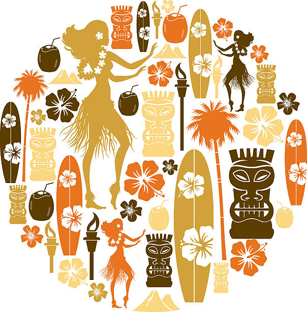 Hawaii Icon Montage A set of hawaii themed icons. See below for a repeat pattern of this image. tiki torch stock illustrations