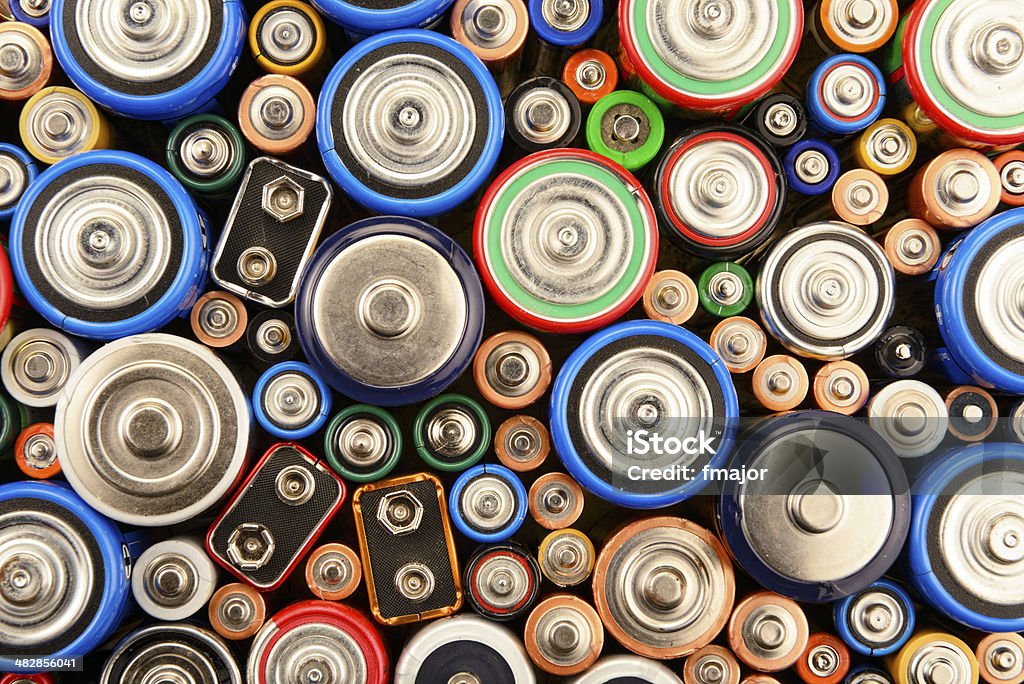 Various Batteries Various batteries, high angle view, studio shot. Battery Stock Photo