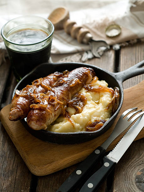 Mashed potato and sausage stock photo