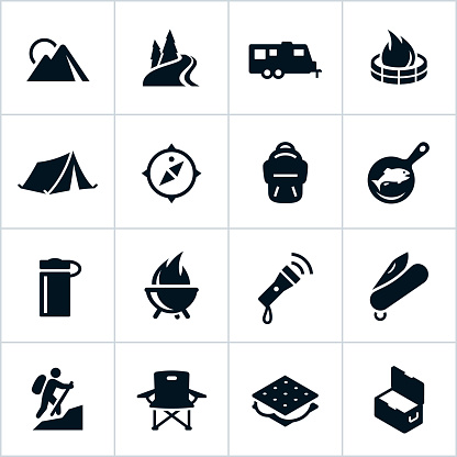 Camping related icons. All white strokes/shapes are cut from the icons and merged allowing the background to show through.