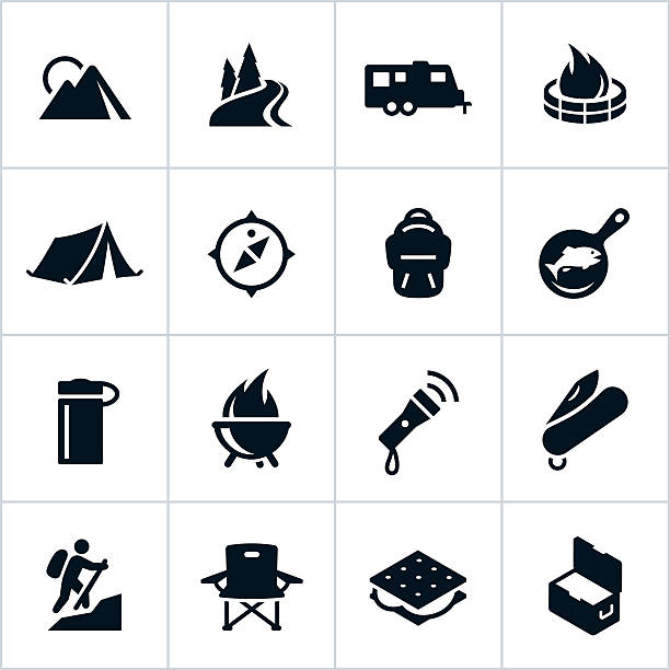 Black Camping Icons Camping related icons. All white strokes/shapes are cut from the icons and merged allowing the background to show through. camping stock illustrations