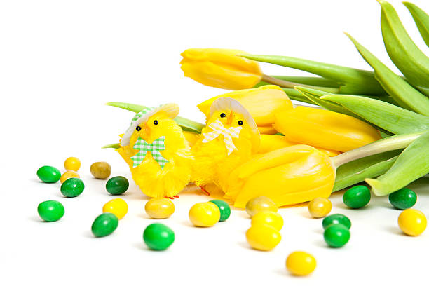 istock Easter toy chickens with tulips 482857893