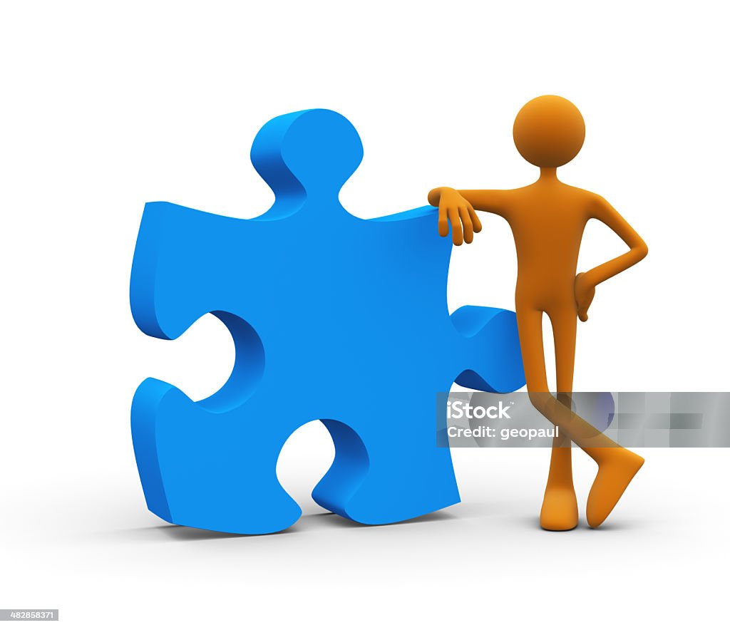 I have the solution 3d character standing with a jigsaw puzzle solution.  Business Stock Photo