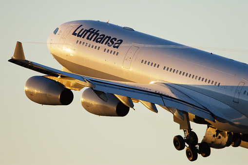Los Angeles, California, USA - January 19th, 2008: A Lufthansa Airbus A340-300 takes off from Los Angeles International Airport.