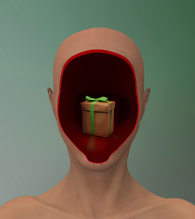 psychological surreal Illustration of an inner secret in the mind Empty headroom with a mysterious closed package with a geen bow.