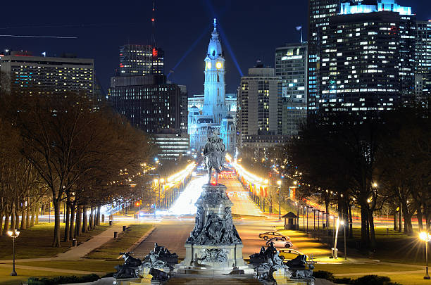 Philadelphia City Hall Philadelphia City Hall and cityscape viewed from Benjamin Franklin Parkway. benjamin franklin parkway photos stock pictures, royalty-free photos & images