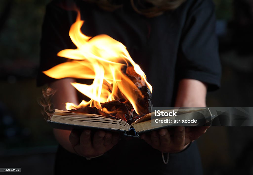 Image of book burning in woman hands in dark forest Book Stock Photo