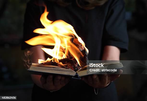Image Of Book Burning In Woman Hands In Dark Forest Stock Photo - Download Image Now