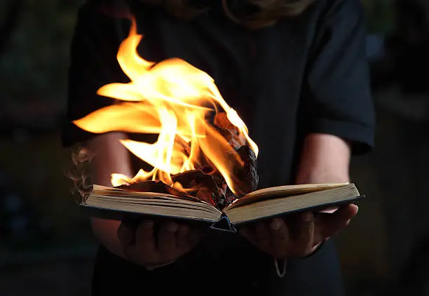Photo of Image of book burning in woman hands in dark forest
