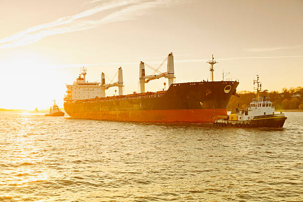 istock fright ship is towed by tug boat, Elbe 482864898