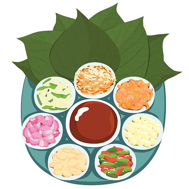 Leaf wrapped salad bite Thai appetizer vector illustration Leaf wrapped salad bite Thai appetizer vector tidbits stock illustrations