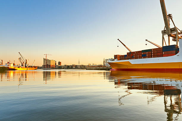 istock view on the Hansahafen with cargo ship, landmark Elbphilharmonie 482865320