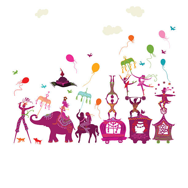 ilustraciones, imágenes clip art, dibujos animados e iconos de stock de colorido circus carnival viaje en una fila sobre fondo blanco - juggling silhouette performer performance